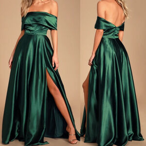 LULU'S  L Greatest Hits Forest Green Satin Off-the-Shoulder Maxi Dress NWT  B63